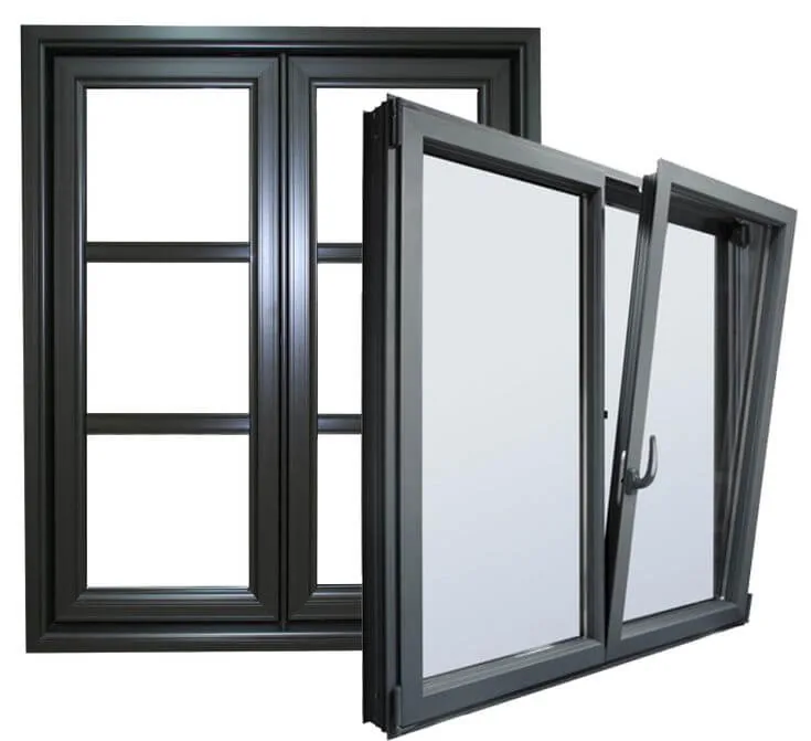 Tilt-and-turn aluminium window shown in closed, tilted and open positions