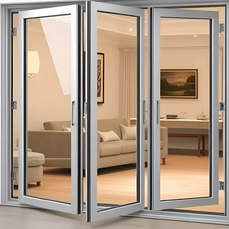 Aluminium bi-fold door system opened onto a living room