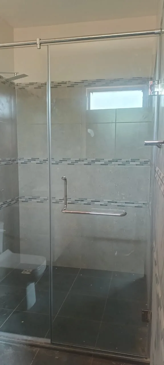 Frameless hinged shower door with grab bar over a dark-tiled shower floor